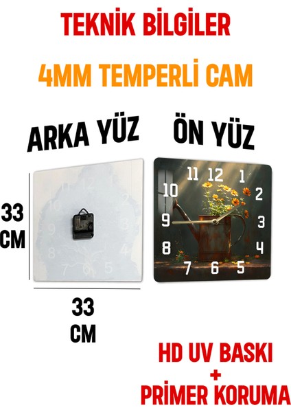 Çiçekli Sulama Kabı Temalı Temperli Cam Kare Saat 33X33 cm Ebadında Uv Baskı - KCS055