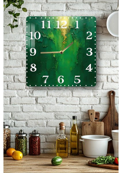 Yeşil Dokulu Temperli Cam Kare Saat 33X33 cm Ebadında Uv Baskı - KCS032