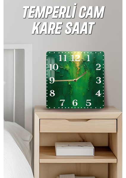 Yeşil Dokulu Temperli Cam Kare Saat 33X33 cm Ebadında Uv Baskı - KCS032 fırsatları