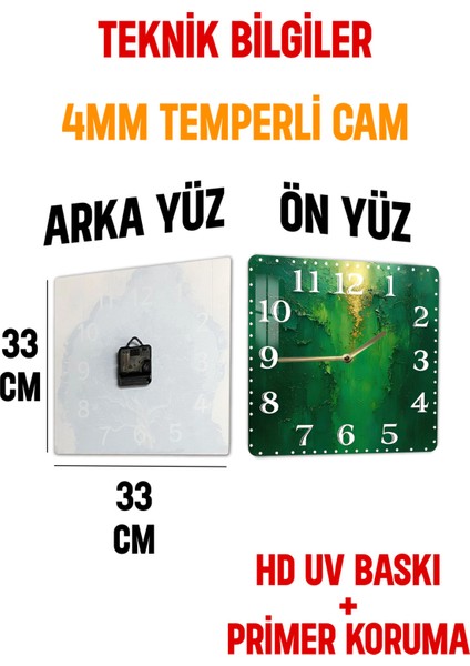 Yeşil Dokulu Temperli Cam Kare Saat 33X33 cm Ebadında Uv Baskı - KCS032