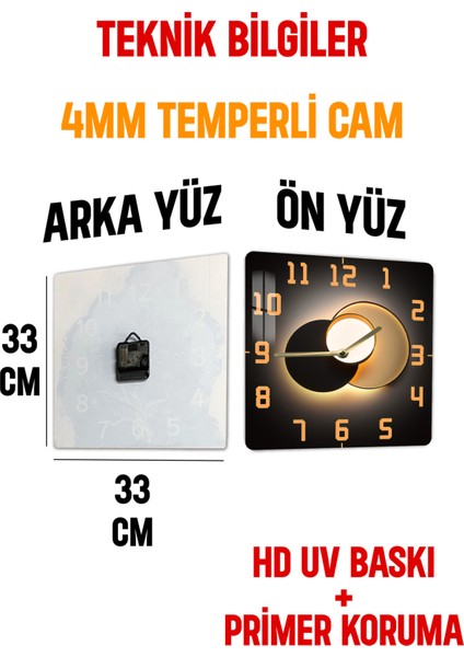 Altın Işık Halkası Temalı Temperli Cam Kare Saat 33X33 cm Ebadında Uv Baskı - KCS020