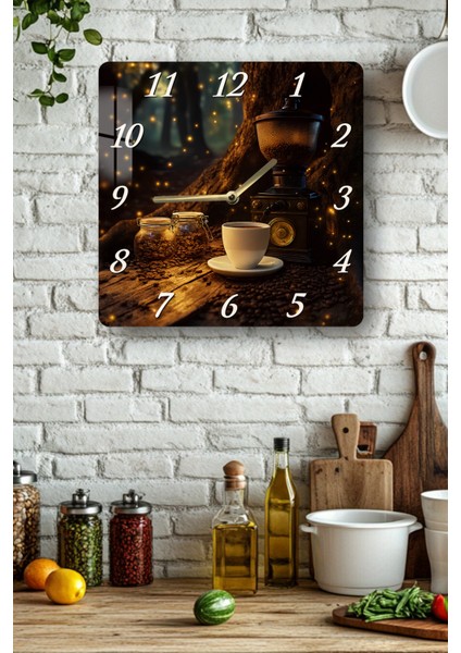 Kahve ve Değirmen Temalı Temperli Cam Kare Saat 33X33 cm Ebadında Uv Baskı - KCS015