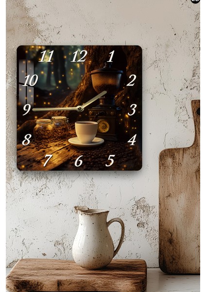Kahve ve Değirmen Temalı Temperli Cam Kare Saat 33X33 cm Ebadında Uv Baskı - KCS015 modelleri