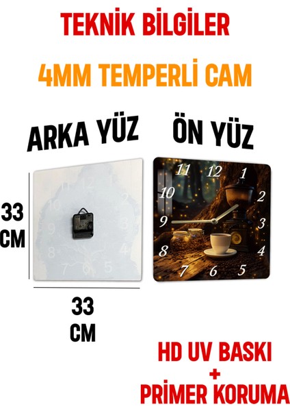 Kahve ve Değirmen Temalı Temperli Cam Kare Saat 33X33 cm Ebadında Uv Baskı - KCS015