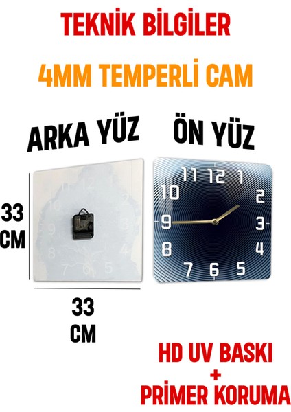 Göz Alıcı Tasarım Temperli Cam Kare Saat 33X33 cm Ebadında Uv Baskı - KCS053