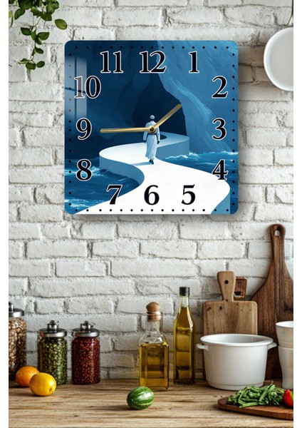 Mavi Yolculuk ve Derviş Temalı Temperli Cam Kare Saat 33X33 cm Ebadında Uv Baskı - KCS048