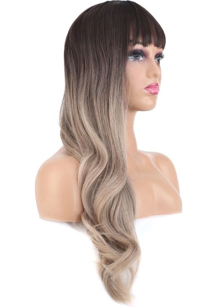 Doğal Dalgalı Perçemli Fiber Sentetik Uzun Boy Peruk - Koyu Kumral / Rus Kumralı Ombreli modelleri