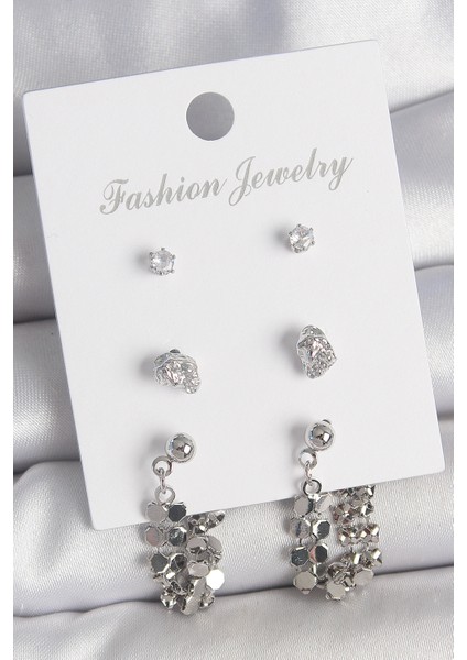 Pirinç Gümüş Renk Zirkon Taşlı Pullu Sallantılı Model 3 Çift Kadın Küpe Seti - Lisinya