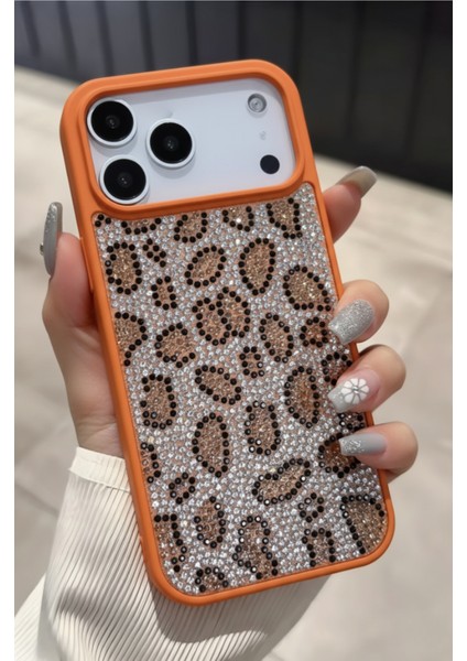 iPhone 17 Pro Max Uyumlu Kılıf Içi Kadife Leopar Tasarımlı Turuncu Taşlı Işıltılı Pırlanta Silikon modelleri