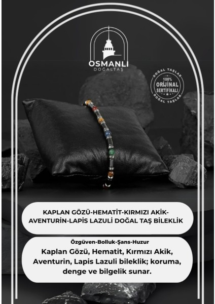 Renkli Doğal Taş Bileklik Seti: Kaplan Gözü, Hematit, Kırmızı Akik, Aventurin, Lapis Lazuli