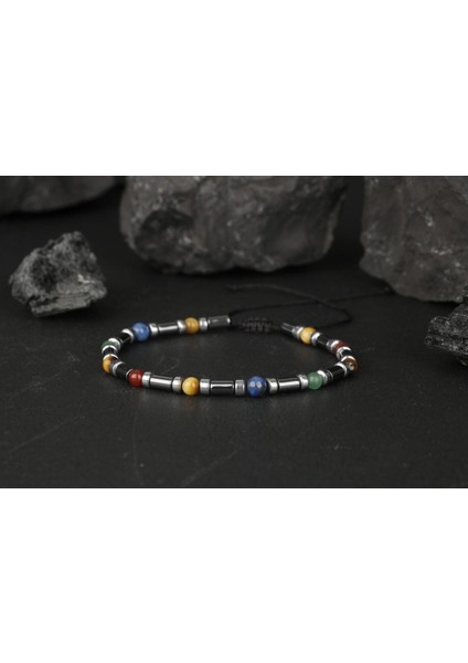 Renkli Doğal Taş Bileklik Seti: Kaplan Gözü, Hematit, Kırmızı Akik, Aventurin, Lapis Lazuli