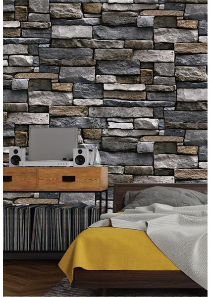 Hafif Simli Taş Desenli Açık Gri-Krem Duvar Kağıdı, 5,3 M2