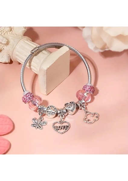 Pandora Tarz , Trend Collections Love Kelebek Pembe, Mor Charmlı Bileklik, Ahşap Kutu Içerisinde