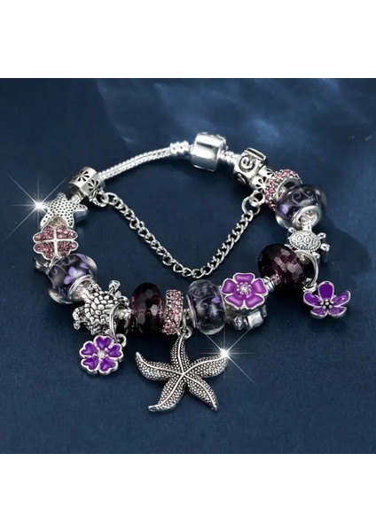 Pandora Tarz , Trend Deniz Yıldızı Caretta Mor Charmlı Gümüş Bileklik, Ahşap Kutu Içerisinde