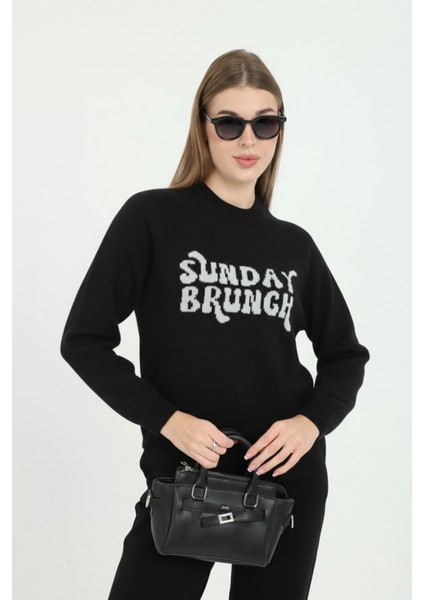 Kadın Sunday Yazı Desenli Bisiklet Yaka Kazak fiyatları