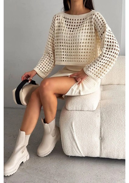 Ajurlu Kazak Düz Elbise Ikili Triko Takım