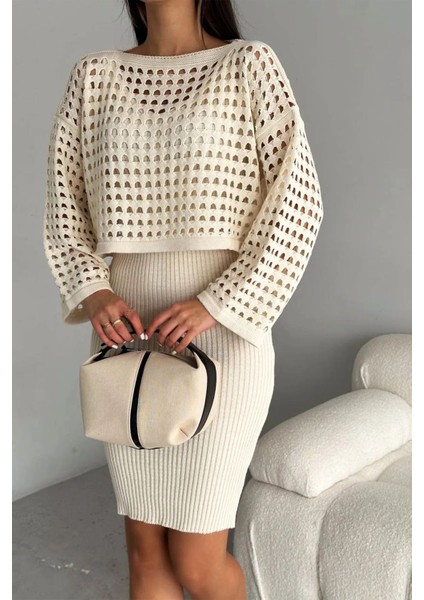 Ajurlu Kazak Düz Elbise Ikili Triko Takım fiyatları