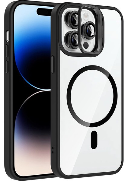 iPhone 14 Pro Max Kılıf Standlı ve Kamera Lens Hediyeli M-Safe Şarj Özellikli Frms Etro Kapak - Siya