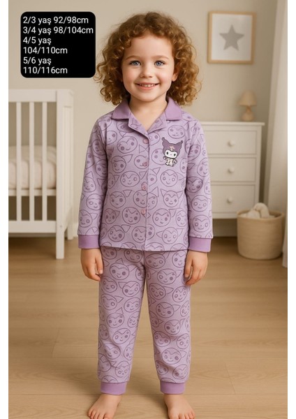 Kız Çocuk Kuromi Desenli Düğmeli %100 Pamuklu Renkli Pijama Takımı