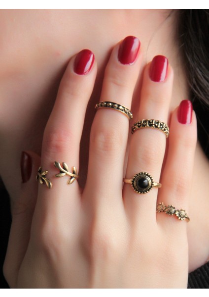 5'li Ayarlanabilir Eklem Yüzük Seti Oniks Doğal Taşlı, Şık ve Zarif Takı Seti