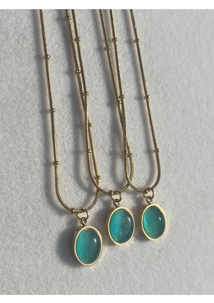 Oval Taşlı Çelik Kolye, Şık ve Doğal Tasarım, Zarif Aksesuar Seçeneği