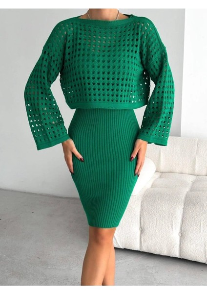 Ajurlu Kazak Düz Elbise Ikili Triko Takım fiyatları