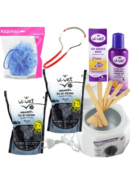 Siyah Boncuk Ağda Seti 8 Parça, Ağda Isıtıcı Makinesi ve Tüy Dökücü Kremli