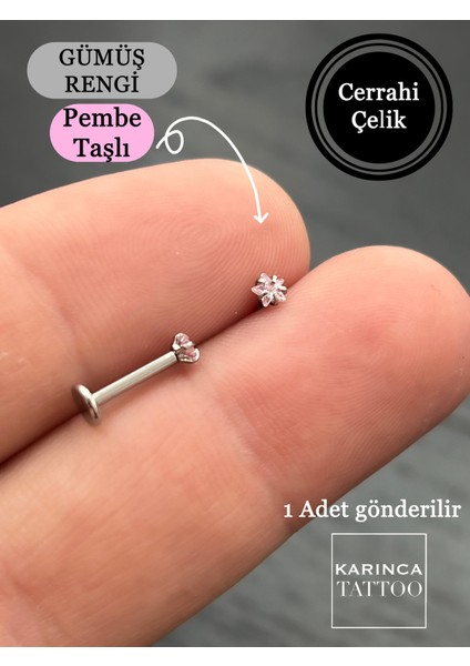 Pembe Taşlı 8 mm Kulak Dudak Burun Conch Helix Kıkırdak Piercing Cerrahi Çelik