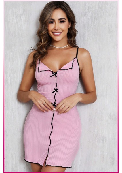 La Vıor Style La Vıor Kadın Pembe Ev Giyim Uyku Takımı Gecelik Elbise modelleri