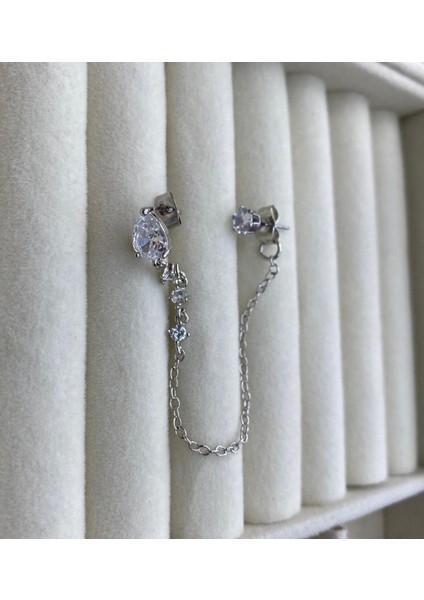 Çelik Gümüş Renk Zirkon Taşlı 2'li Zincir Küpe fiyatları