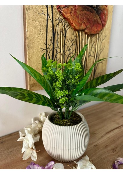 Yeşil Saksılı Yapay Çiçek, Dekoratif ve Doğal Taş Yosunlu Masa Süsü fiyatları
