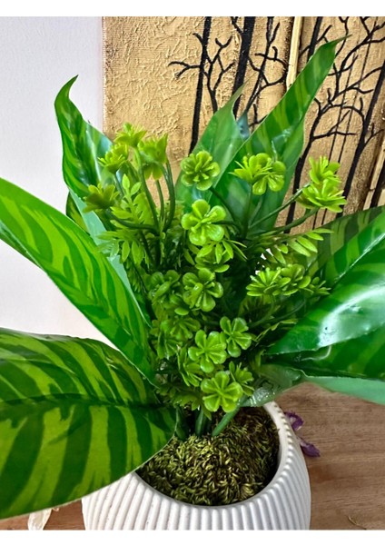 Yeşil Saksılı Yapay Çiçek, Dekoratif ve Doğal Taş Yosunlu Masa Süsü fırsatları