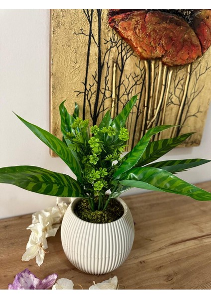 Yeşil Saksılı Yapay Çiçek, Dekoratif ve Doğal Taş Yosunlu Masa Süsü