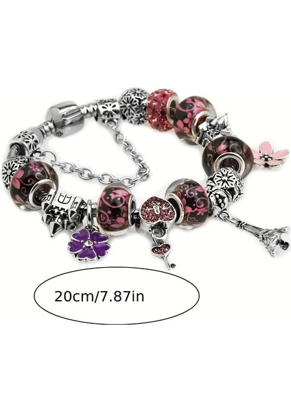 Pandora Tarz , Trend Eyfer Kulesi Yonca, Mor Charmlı Gümüş Bileklik, Ahşap Kutu Içerisinde