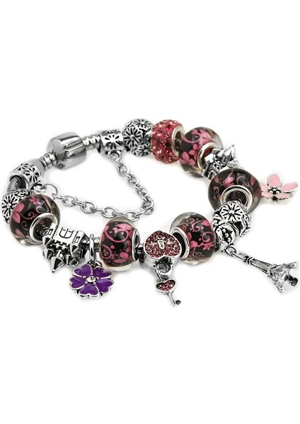 Pandora Tarz , Trend Eyfer Kulesi Yonca, Mor Charmlı Gümüş Bileklik, Ahşap Kutu Içerisinde fiyatları