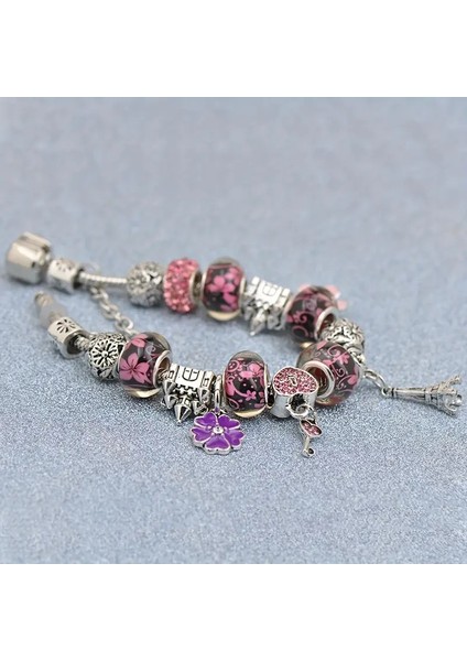 Pandora Tarz , Trend Eyfer Kulesi Yonca, Mor Charmlı Gümüş Bileklik, Ahşap Kutu Içerisinde fırsatları