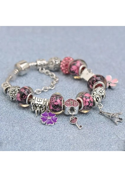 Pandora Tarz , Trend Eyfer Kulesi Yonca, Mor Charmlı Gümüş Bileklik, Ahşap Kutu Içerisinde indirimleri