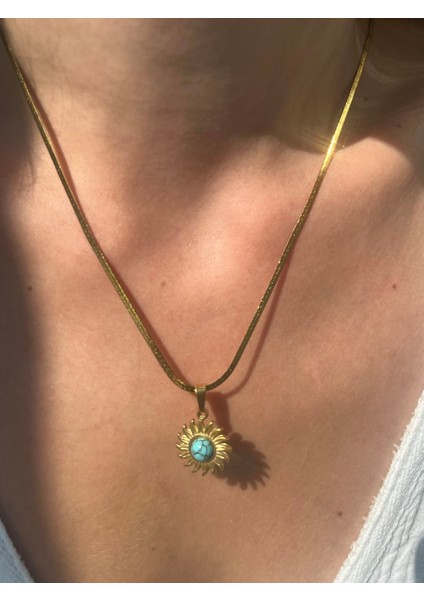Turkuaz Detay Italyan Çelik Güneş Gold Kolye