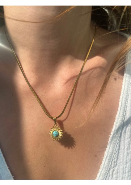 Turkuaz Detay Italyan Çelik Güneş Gold Kolye modelleri