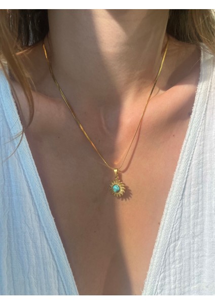 Turkuaz Detay Italyan Çelik Güneş Gold Kolye fırsatları