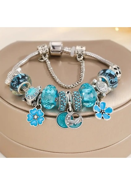 Pandora Tarz , Okyanus Serisi Turkuaz Charmlı Gümüş Bileklik, Ahşap Kutu Içerisinde