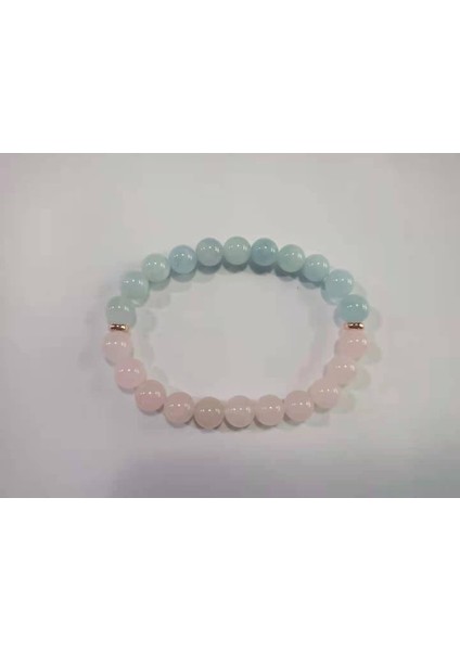 Renkli Doğal Taş Bileklik, Pembe Kuvars ve Akuamarin, 8mm, Şık Takı
