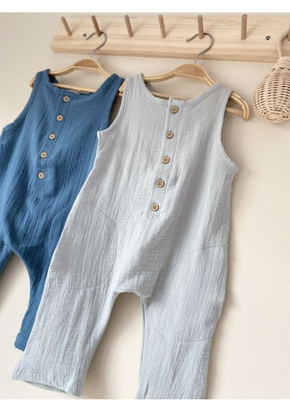 Açık Mavi Müslin Tulum Salopet Yazlık Askılı %100 Pamuk