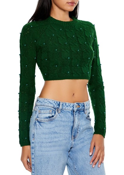 Boncuk Detaylı Crop Kazak