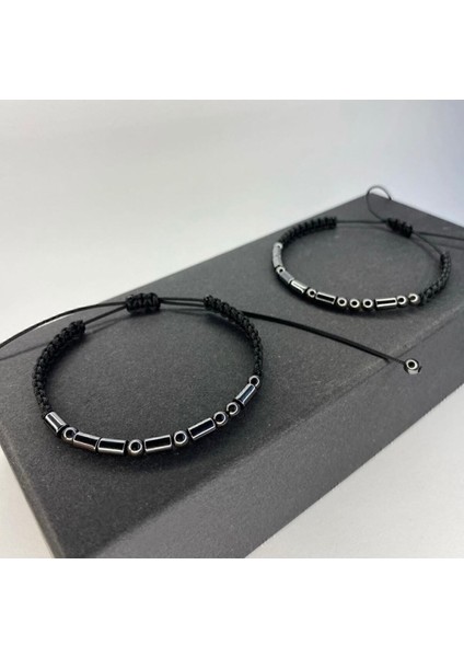 Siyah Hematit Doğal Taş Mors Alfabesi Çift Bileklik Seti