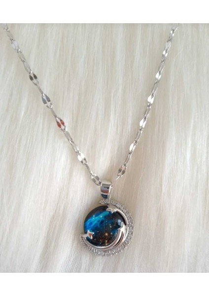 Gökyüzü Temalı Gümüş Kolye, Uzay ve Dünya Tasarımı, Şık Takı Aksesuar fiyatları