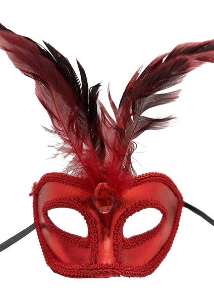 Kırmızı Renk Rugan Kaplama Kırmızı Tüylü Parti Maskesi 18X20 cm