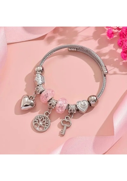 Pandora Tarz , Pembe Hayat Ağacı Kalp Sevgi Charmlı Bileklik, Ahşap Kutu Içerisinde fırsatları