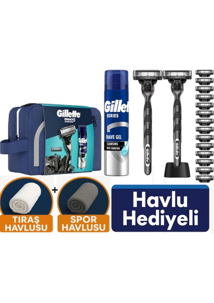 Mach3 Charcoal 2 Makine+ 16 Tıraş Bıçağı + Stand +200 ml Jel +Havlu Seti Hediye