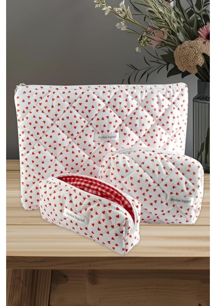 Kalp Desenli Kalem Makyaj Labtop Bilgisayar Set Çantası